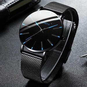Geneva Black and Blue Watch with Minimalist Design and Mesh Band